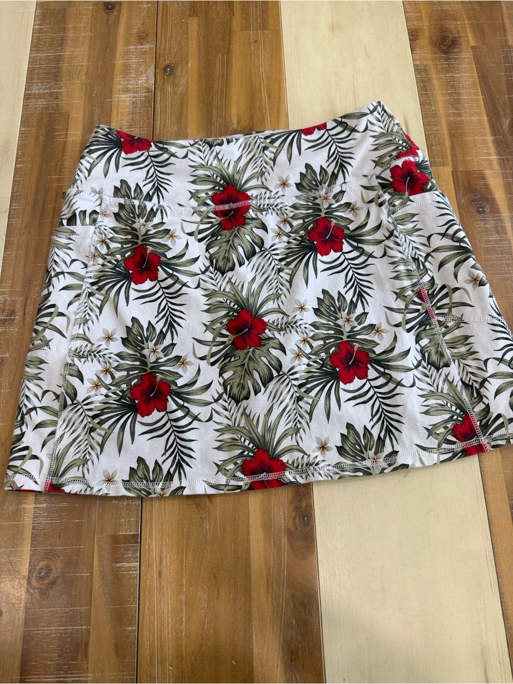 Tropical Floral Mini Skirt - White with Red & Green Print